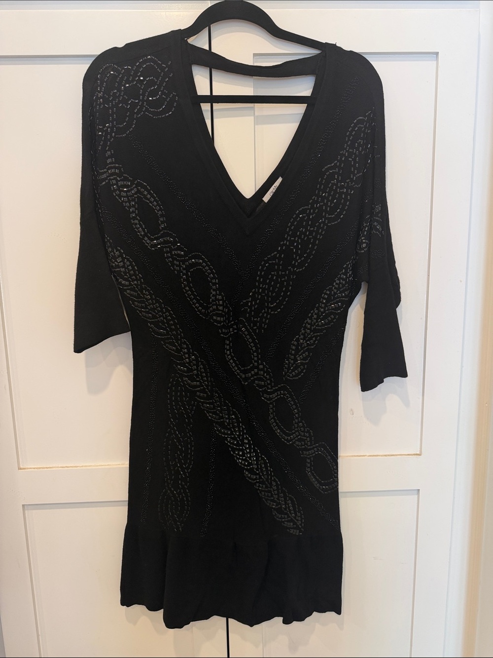 Black Cachè V-Neck Knit Dress with Chain Stitch Detail